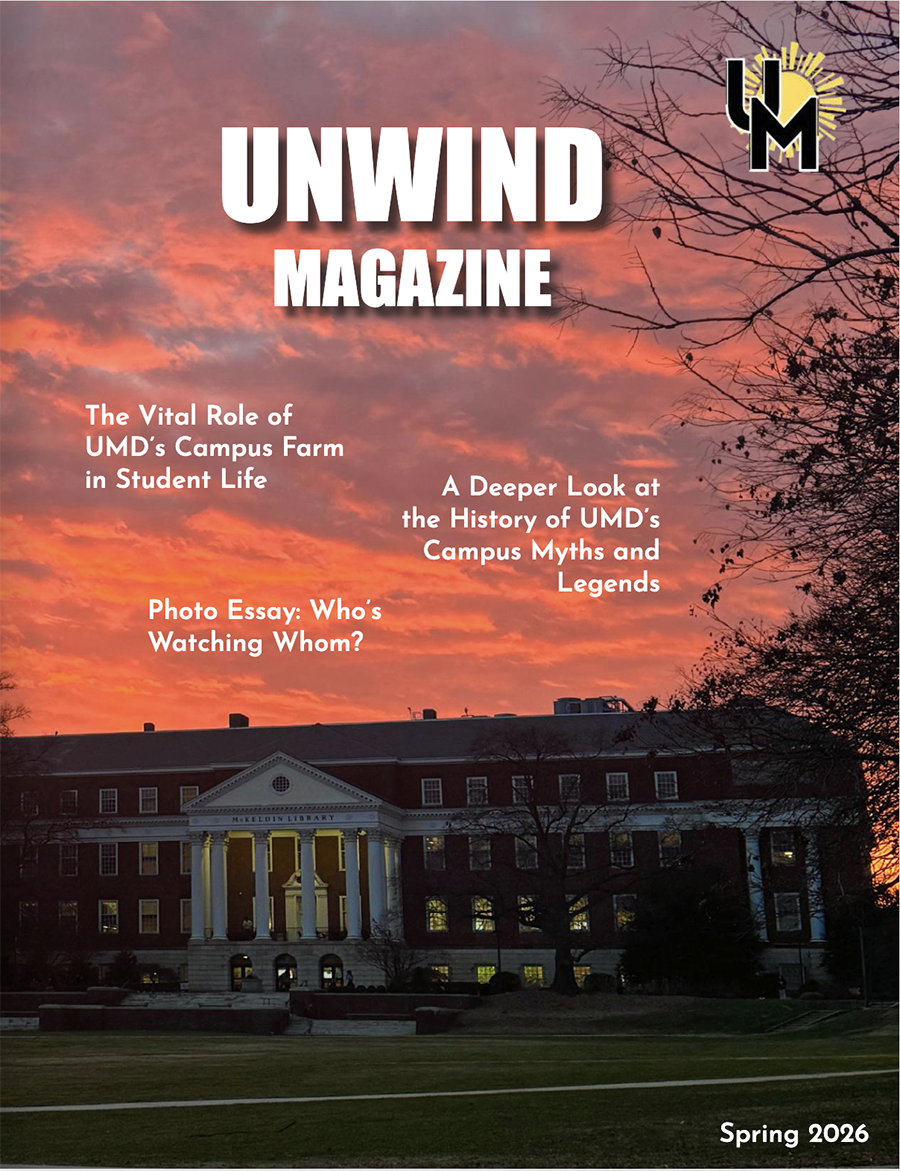 Purple and pink clouds above McKeldin Library at sunset